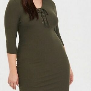 Torrid Dark Green Lace-Up Long Sleeve Dress